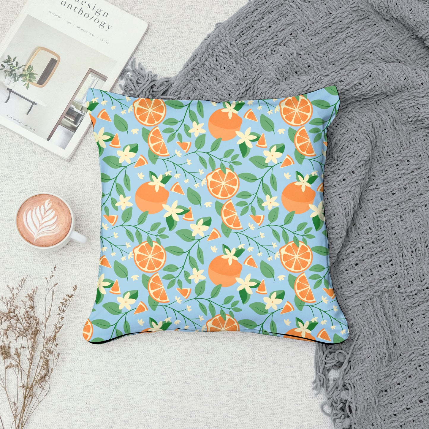 Botanical Orange Blossom Seamless Pattern Light Blue | 12x12 PNG Digital Download | Citrus Floral Design