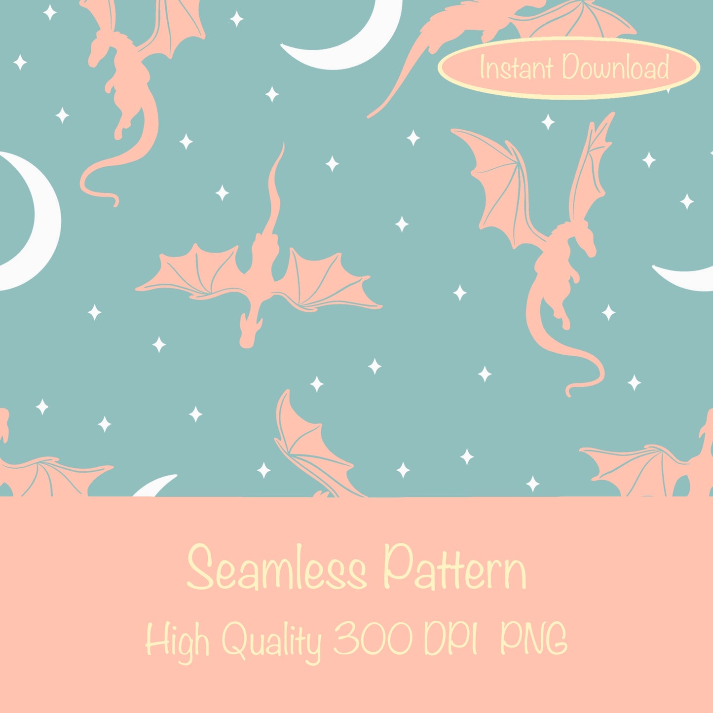 Fantasy Dragon Seamless Pattern Green | Moons & Stars Digital Design | 12x12 PNG Download