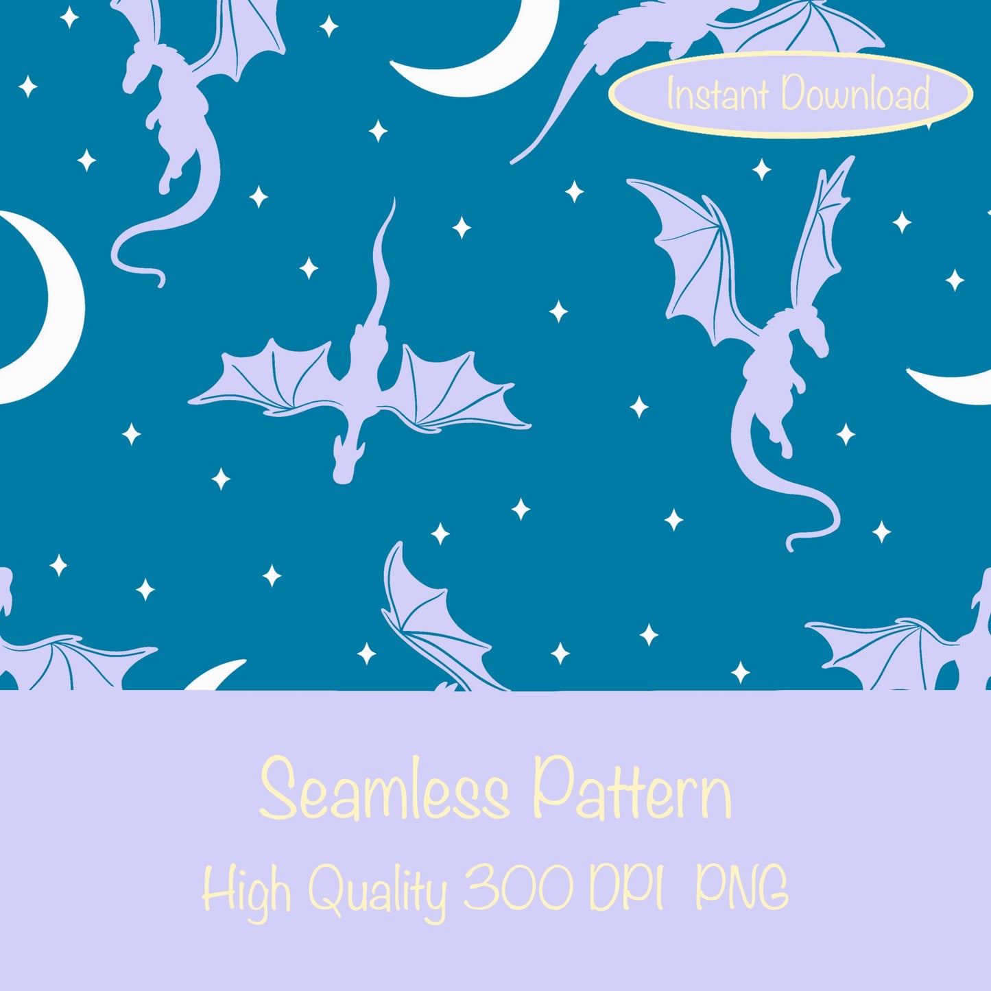 Fantasy Dragon Seamless Pattern Blue | Moons & Stars Digital Design | 12x12 PNG Download