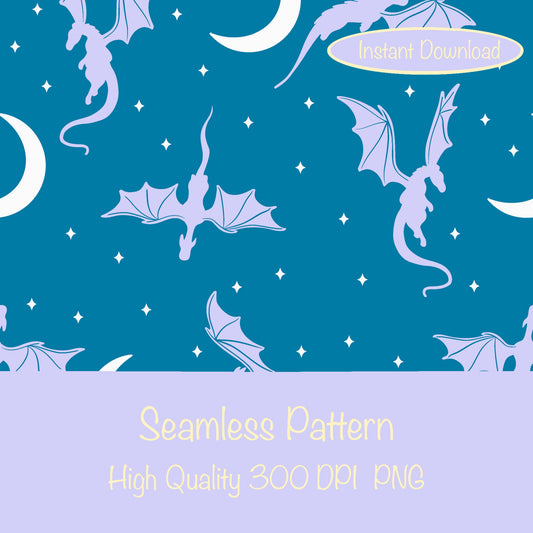Fantasy Dragon Seamless Pattern Blue | Moons & Stars Digital Design | 12x12 PNG Download