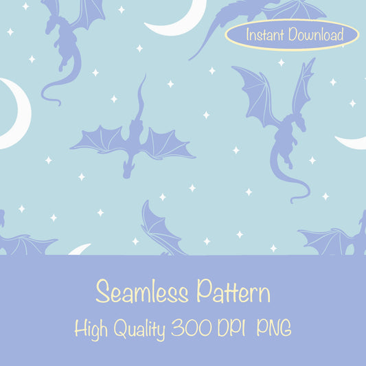 Fantasy Dragon Seamless Pattern Light Blue | Moons & Stars Digital Design | 12x12 PNG Download