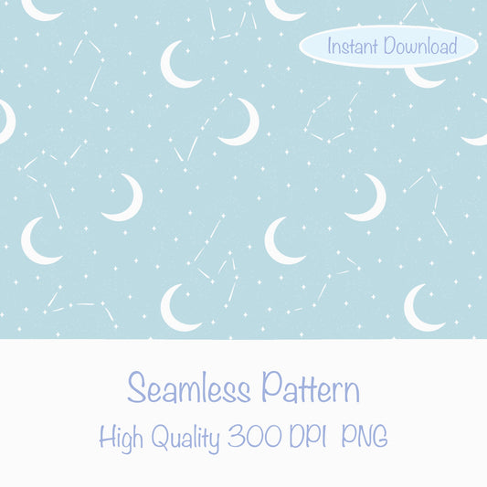 Moon & Constellation Seamless Pattern Blue | Celestial Digital Design | 12x12 PNG Download