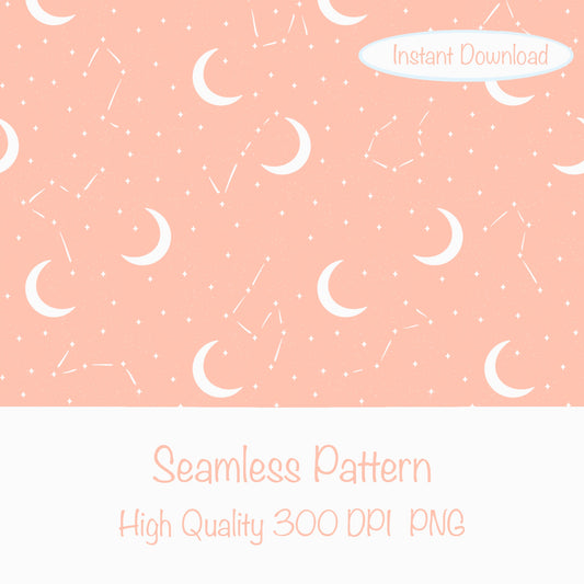 Moon & Constellation Seamless Pattern Orange | Celestial Digital Design | 12x12 PNG Download