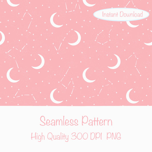 Moon & Constellation Seamless Pattern Pink | Celestial Digital Design | 12x12 PNG Download