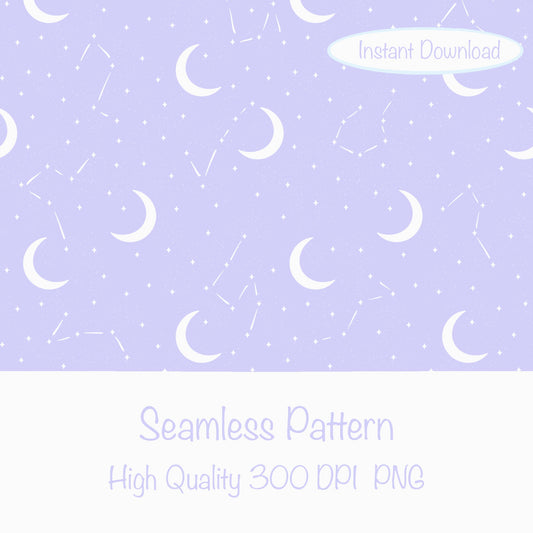 Moon & Constellation Seamless Pattern Light Purple | Celestial Digital Design | 12x12 PNG Download