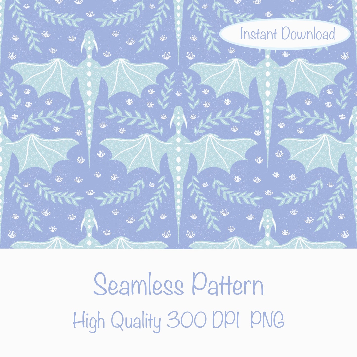 Dreamy Fantasy Dragon & Botanical Seamless Pattern Purple | Digital 12x12 PNG