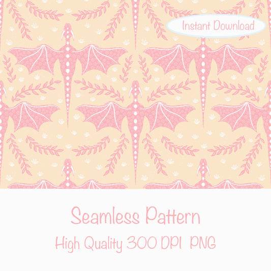 Dreamy Fantasy Dragon & Botanical Seamless Pattern Orange | Digital 12x12 PNG
