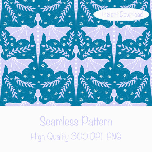 Dreamy Fantasy Dragon & Botanical Seamless Pattern Blue | Digital 12x12 PNG