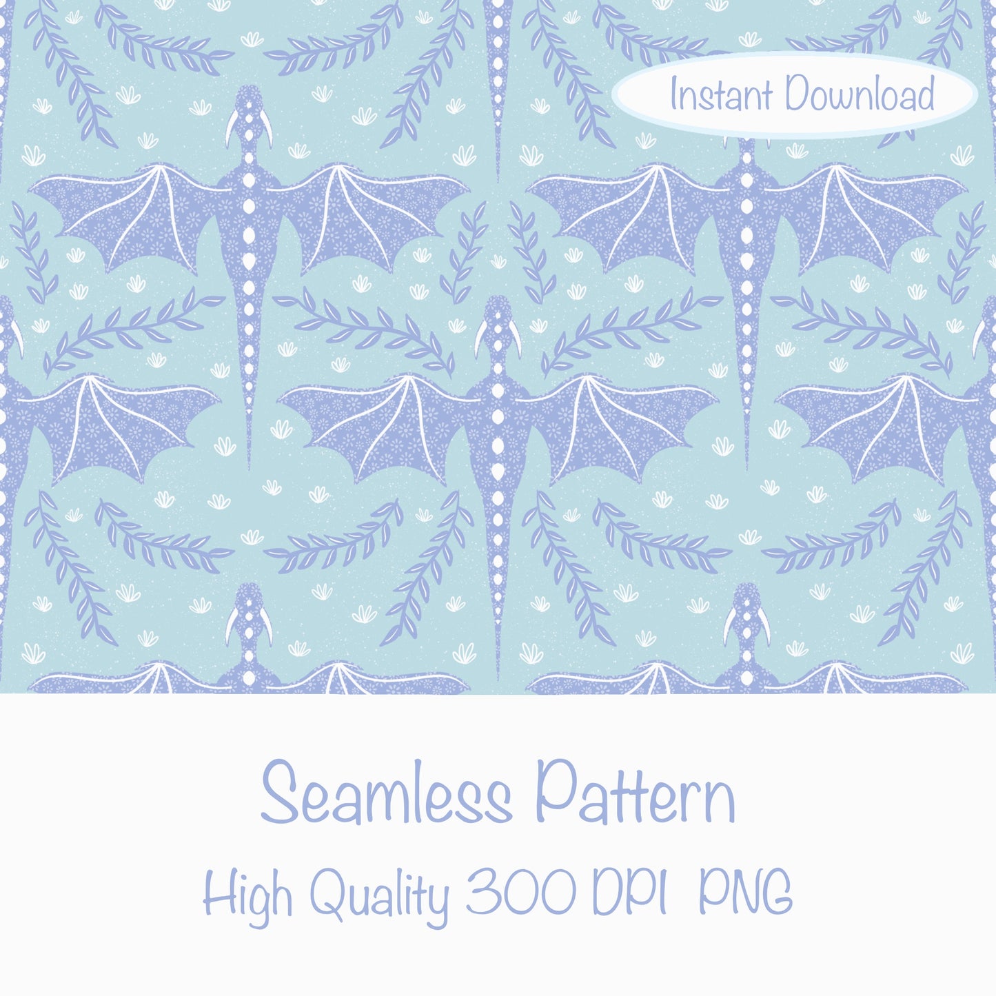 Dreamy Fantasy Dragon & Botanical Seamless Pattern Light Blue | Digital 12x12 PNG