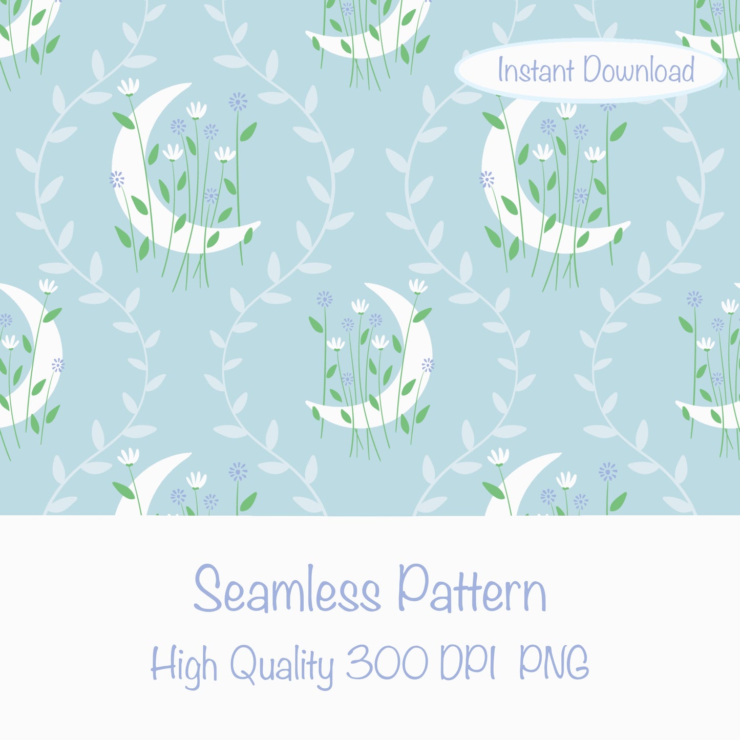 Moon & Botanical Seamless Pattern Blue | Celestial Floral Digital Download | 12x12 PNG