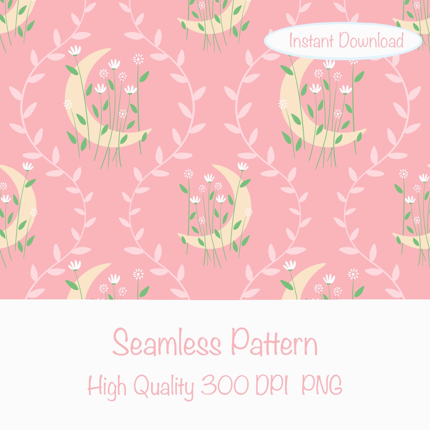 Moon & Botanical Seamless Pattern Pink | Celestial Floral Digital Download | 12x12 PNG
