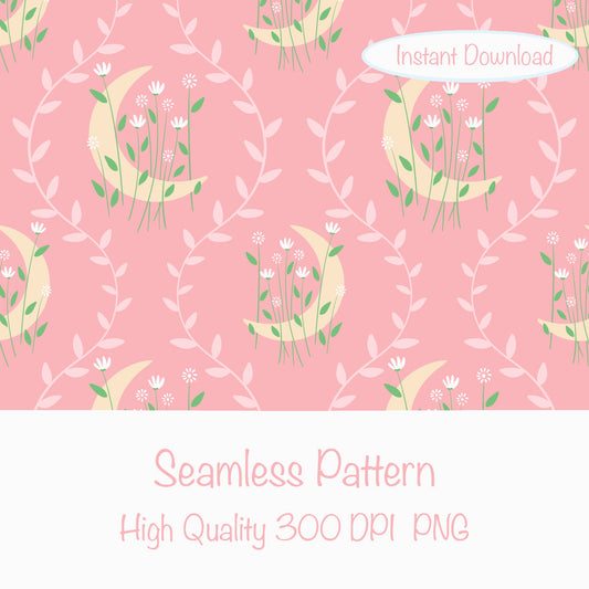 Moon & Botanical Seamless Pattern Pink | Celestial Floral Digital Download | 12x12 PNG