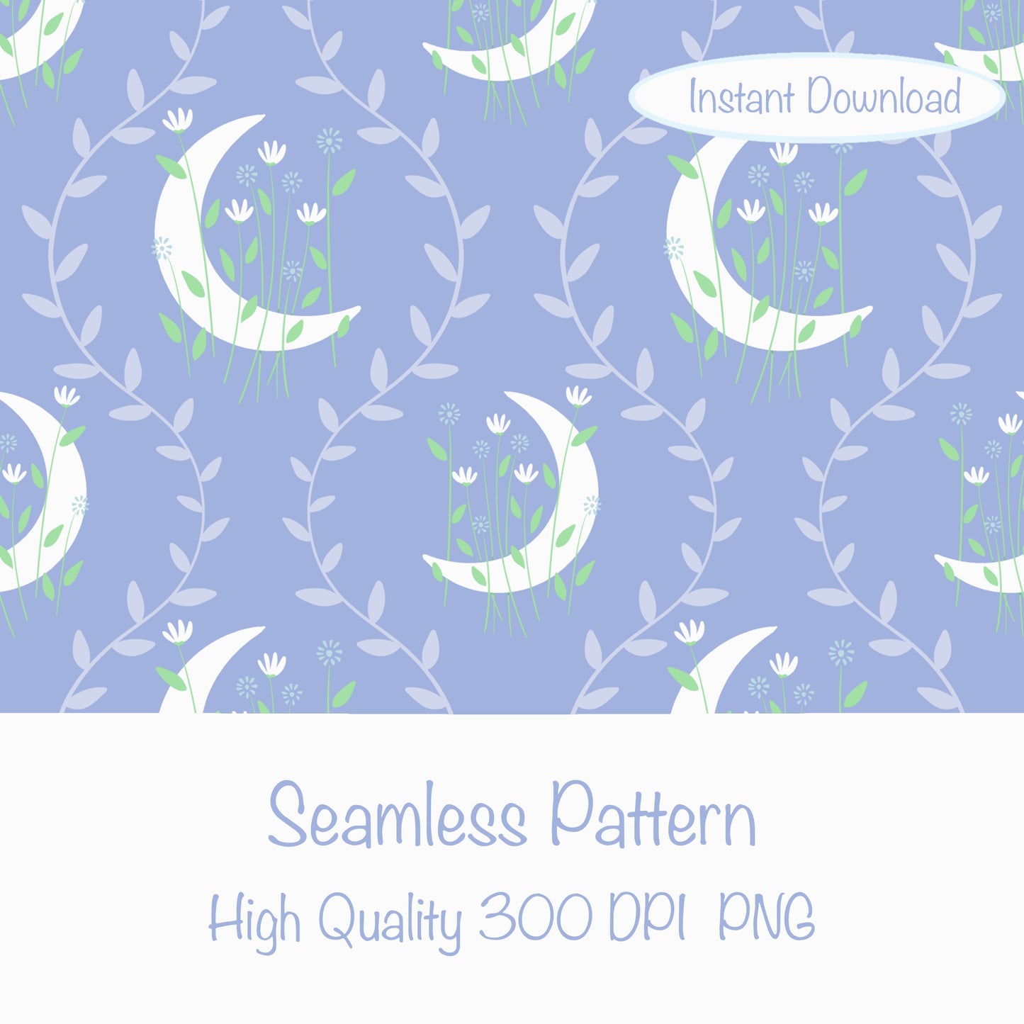 Moon & Botanical Seamless Pattern Purple | Celestial Floral Digital Download | 12x12 PNG