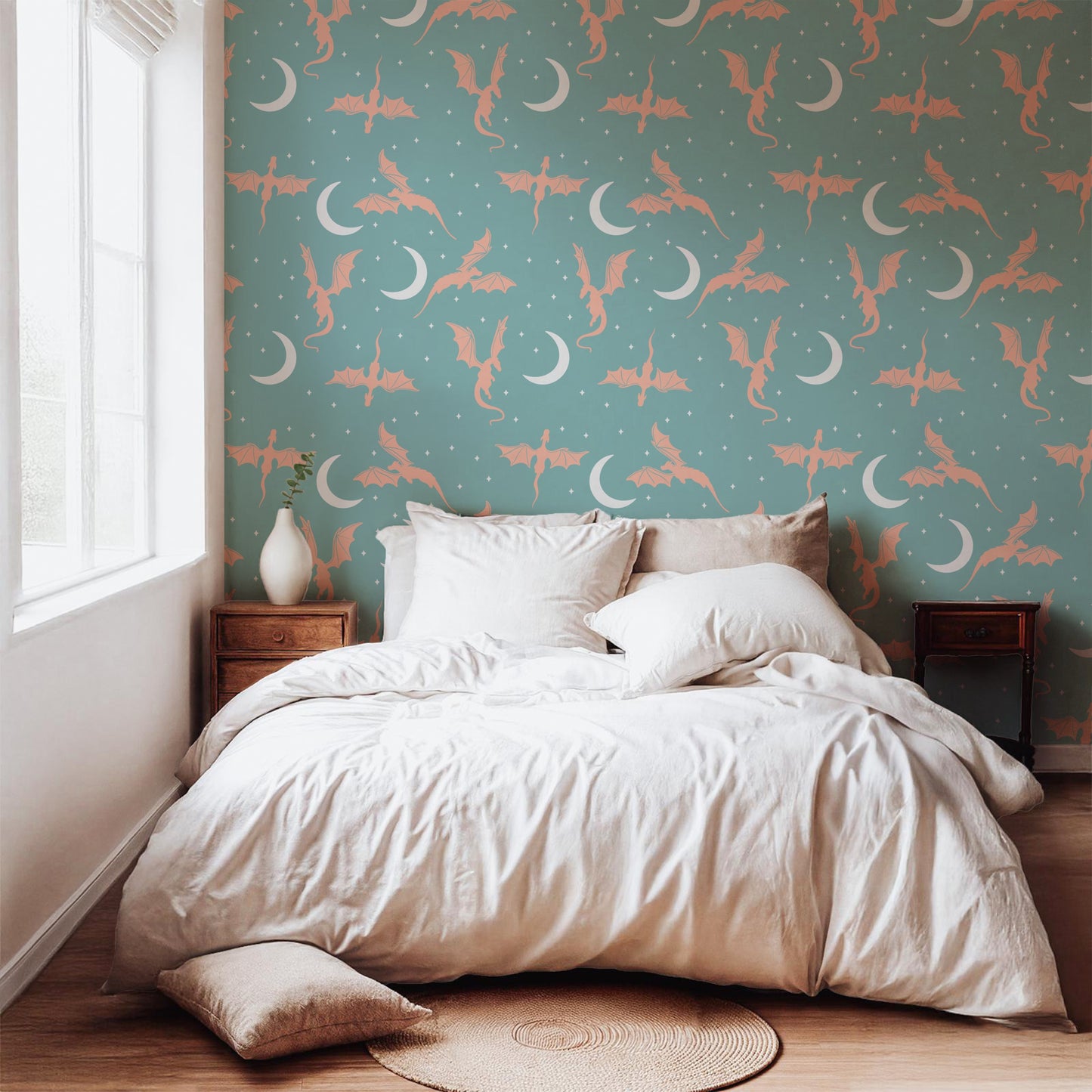 Fantasy Dragon Seamless Pattern Green | Moons & Stars Digital Design | 12x12 PNG Download