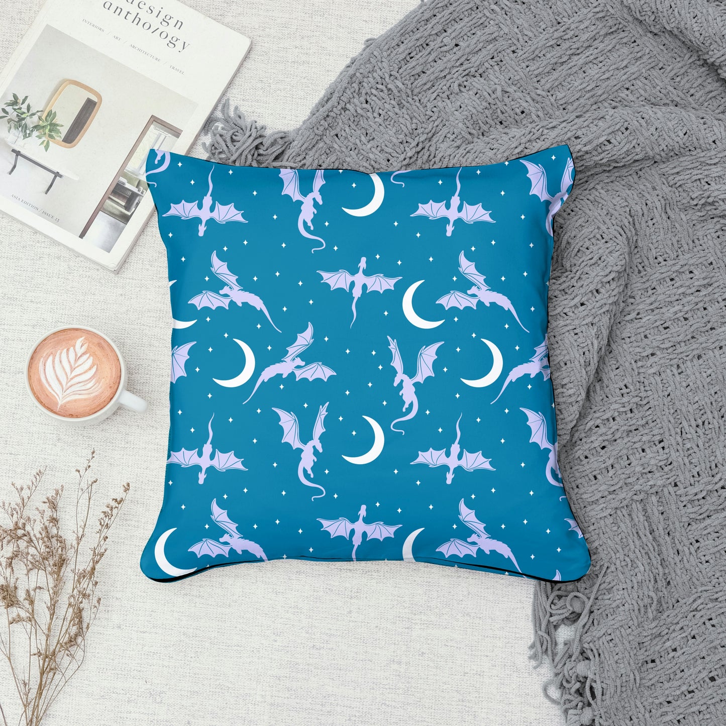 Fantasy Dragon Seamless Pattern Blue | Moons & Stars Digital Design | 12x12 PNG Download