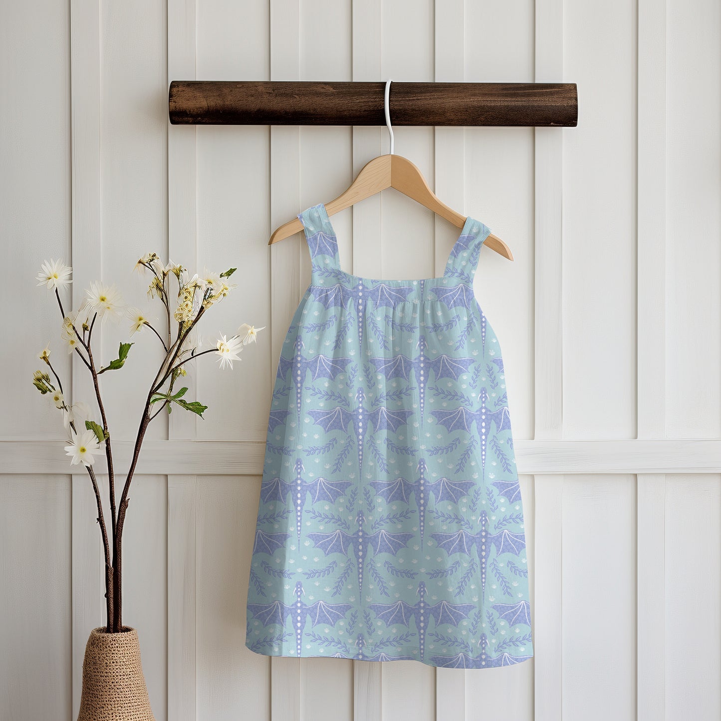 Dreamy Fantasy Dragon & Botanical Seamless Pattern Light Blue | Digital 12x12 PNG