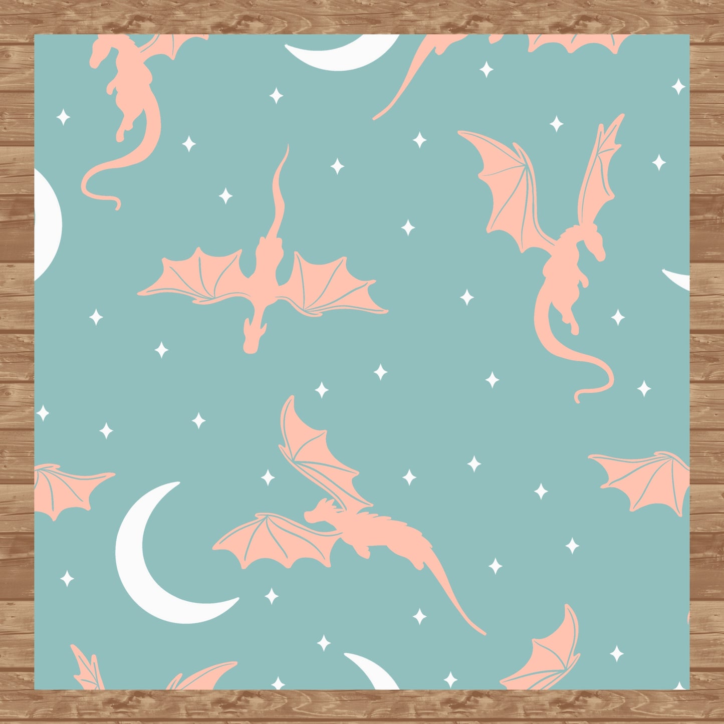 Fantasy Dragon Seamless Pattern Green | Moons & Stars Digital Design | 12x12 PNG Download