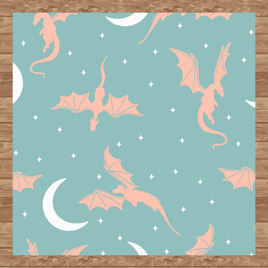 Fantasy Dragon Seamless Pattern Green | Moons & Stars Digital Design | 12x12 PNG Download