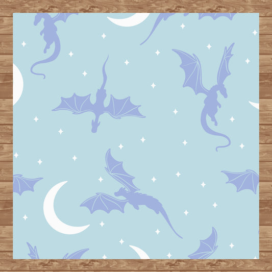 Fantasy Dragon Seamless Pattern Light Blue | Moons & Stars Digital Design | 12x12 PNG Download