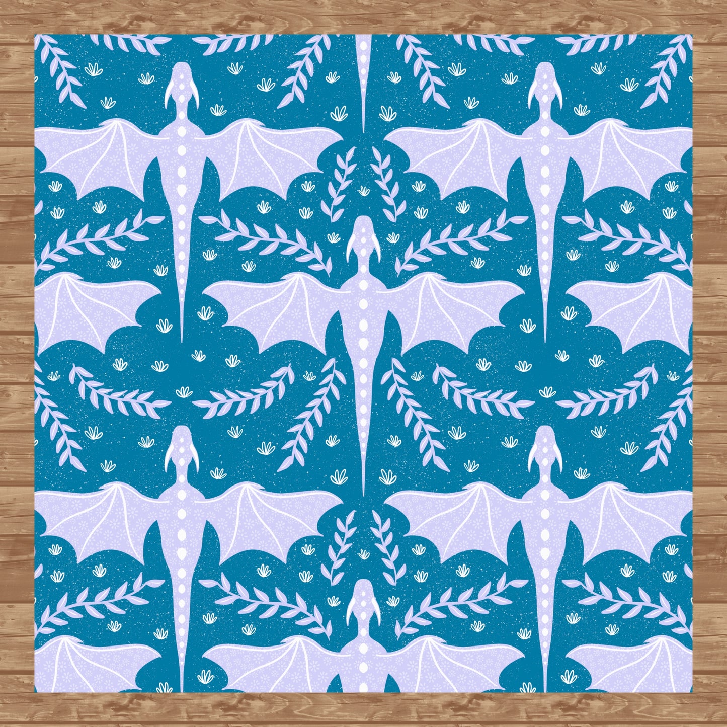 Dreamy Fantasy Dragon & Botanical Seamless Pattern Blue | Digital 12x12 PNG