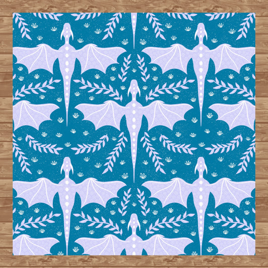 Dreamy Fantasy Dragon & Botanical Seamless Pattern Blue | Digital 12x12 PNG