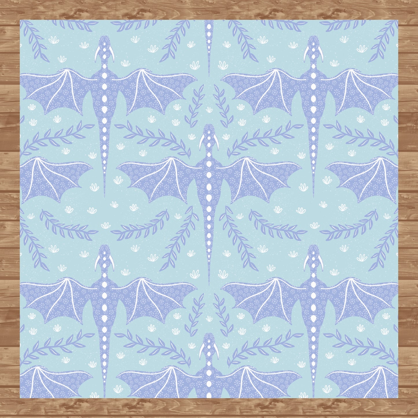 Dreamy Fantasy Dragon & Botanical Seamless Pattern Light Blue | Digital 12x12 PNG