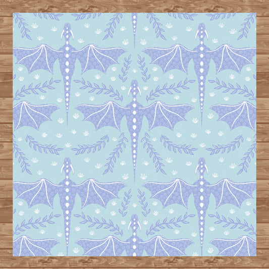 Dreamy Fantasy Dragon & Botanical Seamless Pattern Light Blue | Digital 12x12 PNG