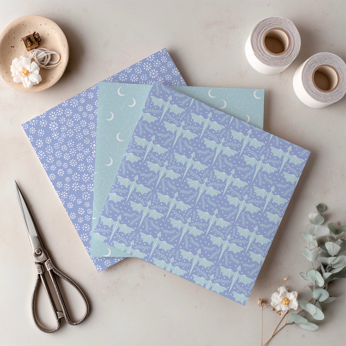 Dragons, Moons & Botanicals Digital Paper Pack | Fantasy Seamless Backgrounds | 12x12 PNG | Collection 1