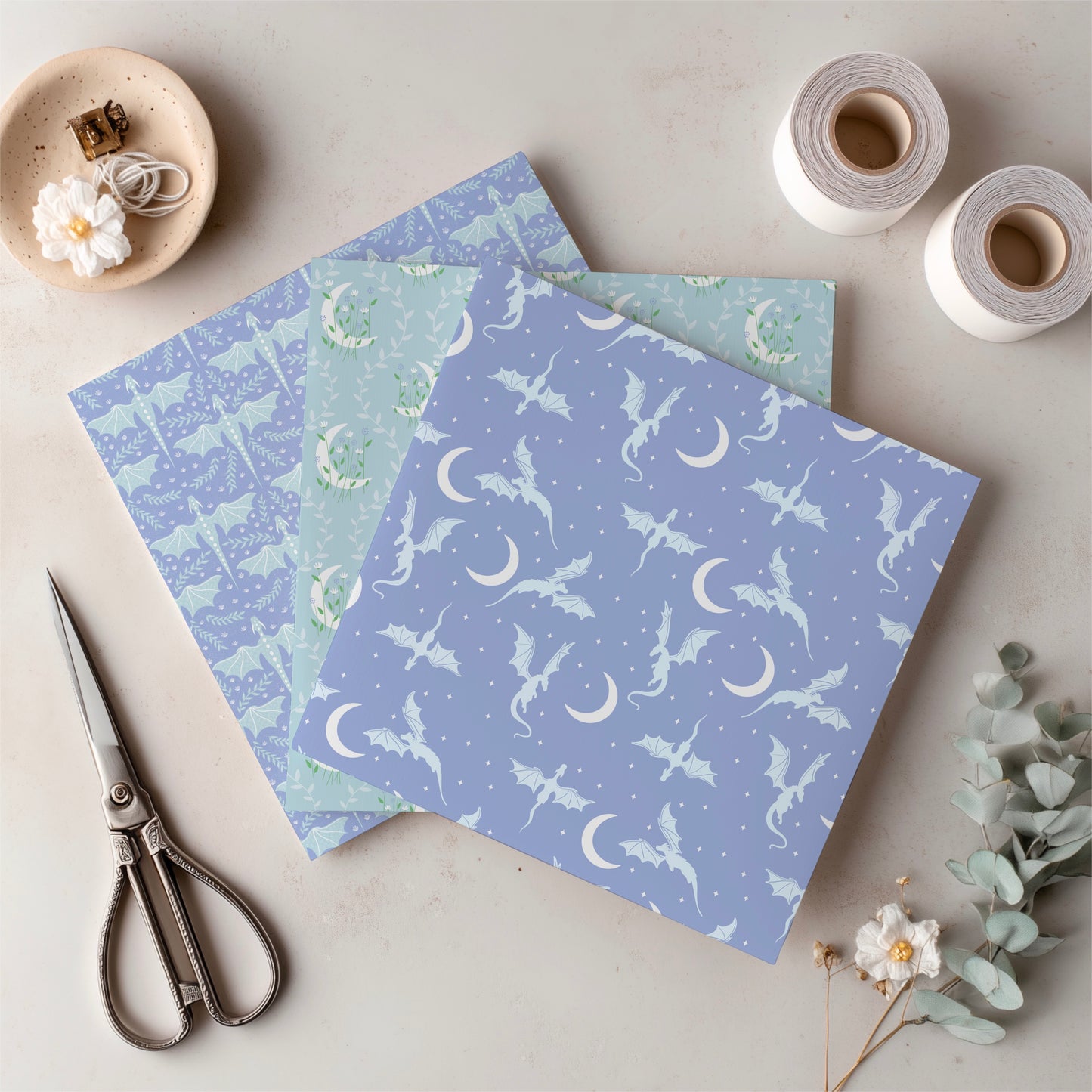 Dragons, Moons & Botanicals Digital Paper Pack | Fantasy Seamless Backgrounds | 12x12 PNG | Collection 1