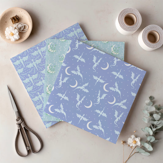 Dragons, Moons & Botanicals Digital Paper Pack | Fantasy Seamless Backgrounds | 12x12 PNG | Collection 1