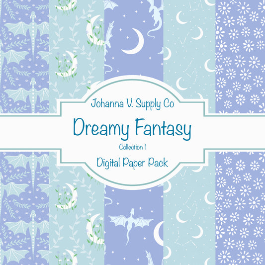 Dragons, Moons & Botanicals Digital Paper Pack | Fantasy Seamless Backgrounds | 12x12 PNG | Collection 1