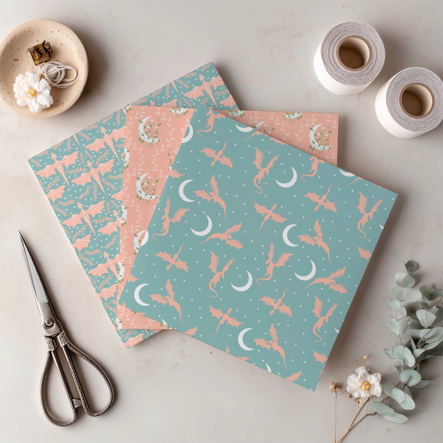 Dragons, Moons & Botanicals Digital Paper Pack | Fantasy Seamless Backgrounds | 12x12 PNG | Collection 2