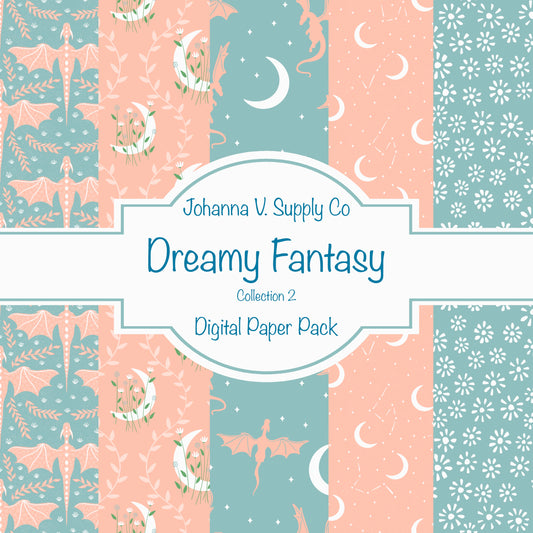 Dragons, Moons & Botanicals Digital Paper Pack | Fantasy Seamless Backgrounds | 12x12 PNG | Collection 2