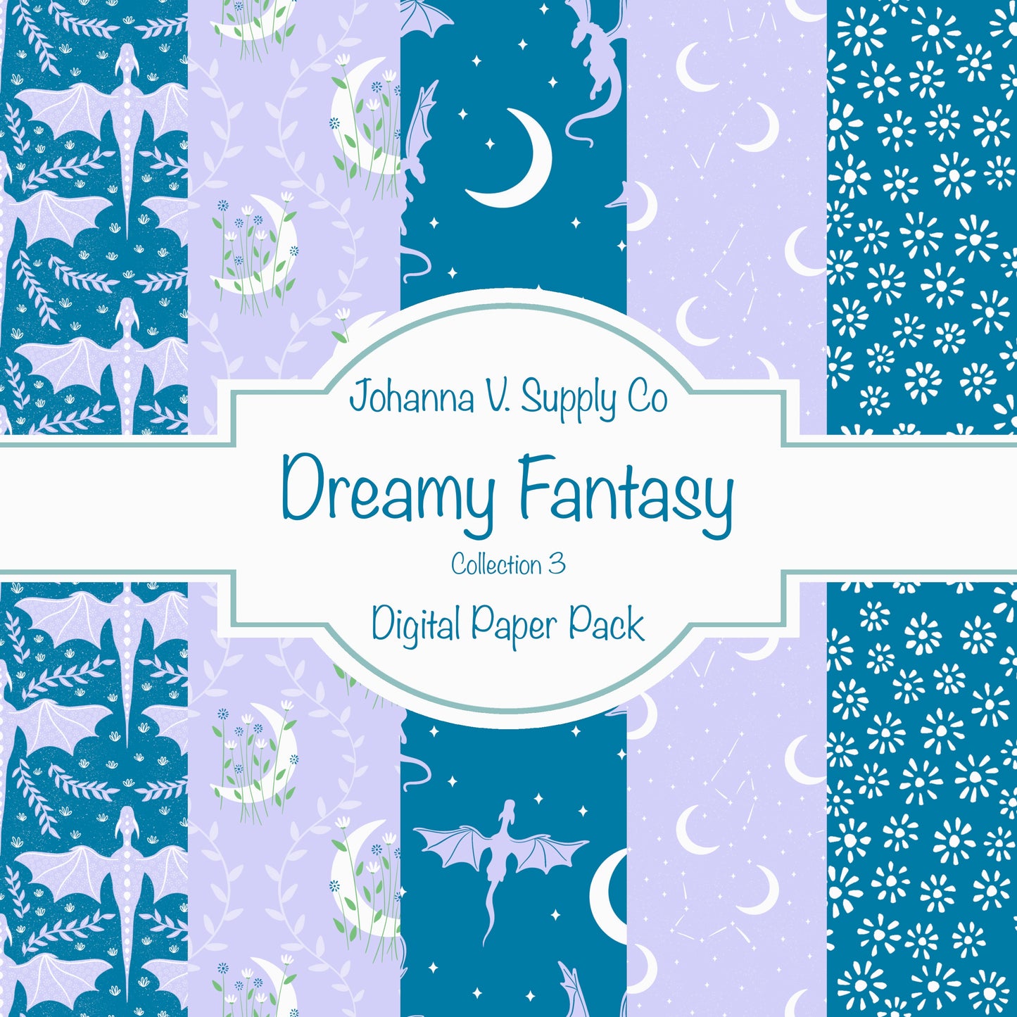 Dragons, Moons & Botanicals Digital Paper Pack | Fantasy Seamless Backgrounds | 12x12 PNG | Collection 3