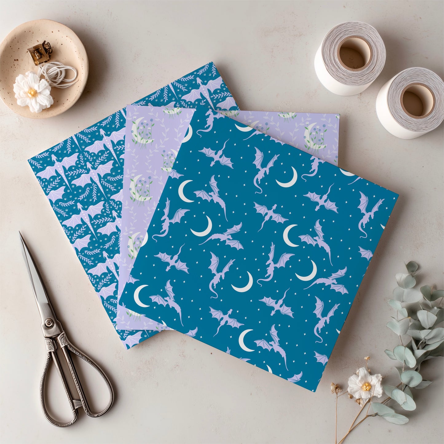 Dragons, Moons & Botanicals Digital Paper Pack | Fantasy Seamless Backgrounds | 12x12 PNG | Collection 3