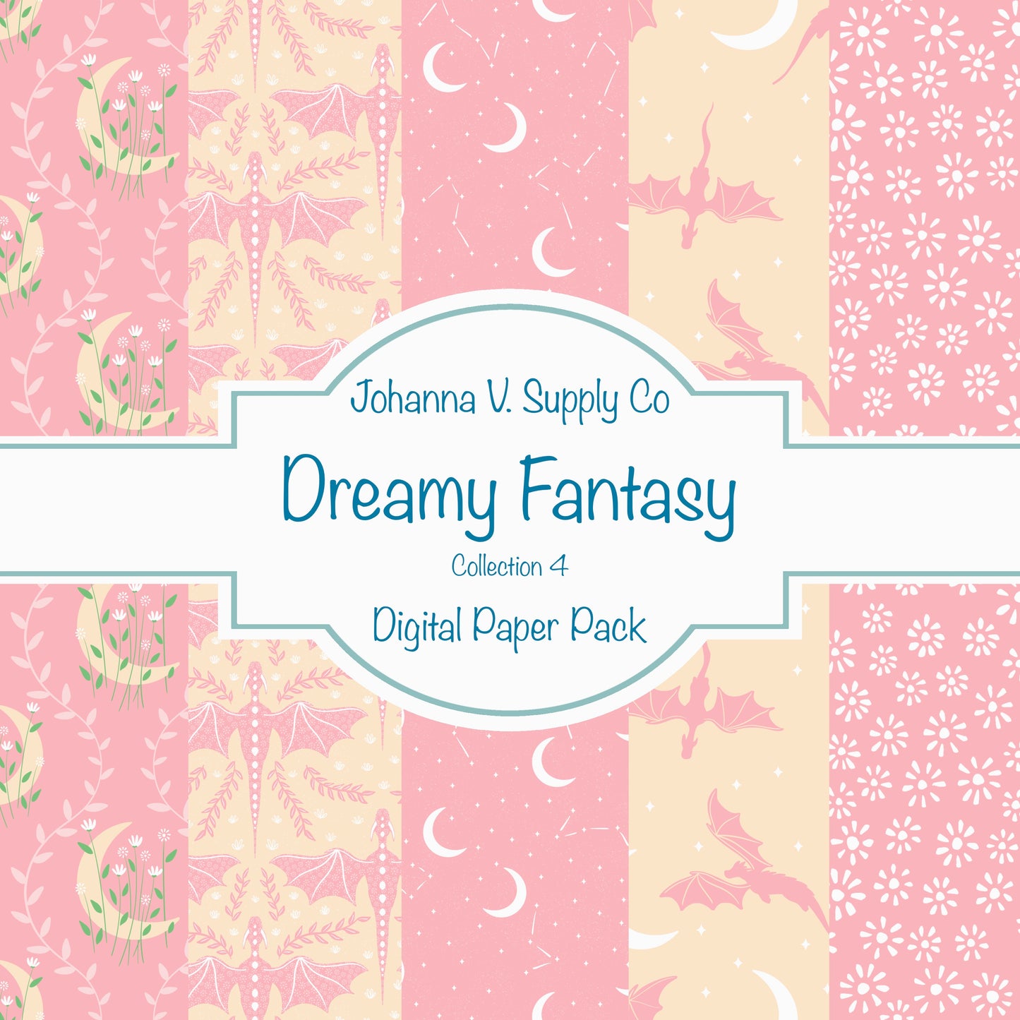 Dragons, Moons & Botanicals Digital Paper Pack | Fantasy Seamless Backgrounds | 12x12 PNG | Collection 4