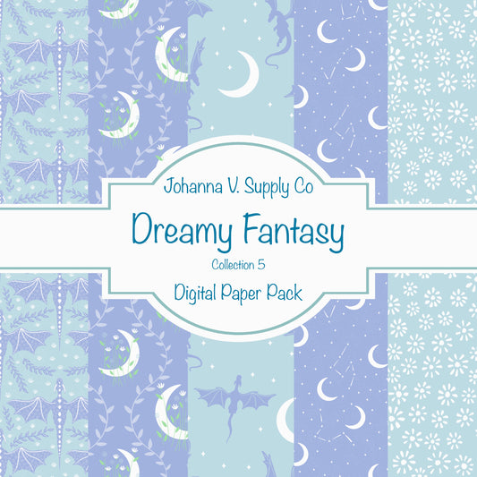 Dragons, Moons & Botanicals Digital Paper Pack | Fantasy Seamless Backgrounds | 12x12 PNG | Collection 5