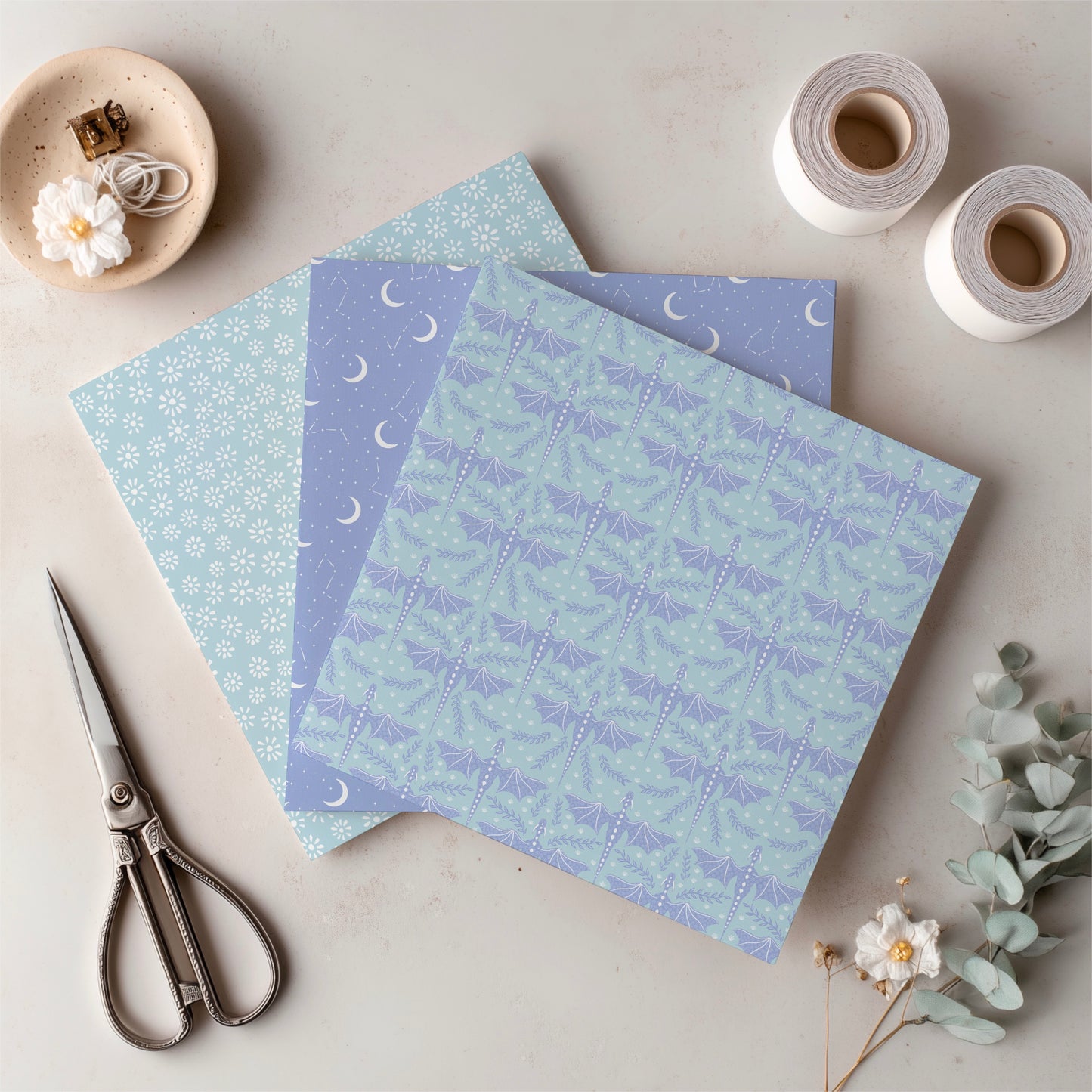 Dragons, Moons & Botanicals Digital Paper Pack | Fantasy Seamless Backgrounds | 12x12 PNG | Collection 5