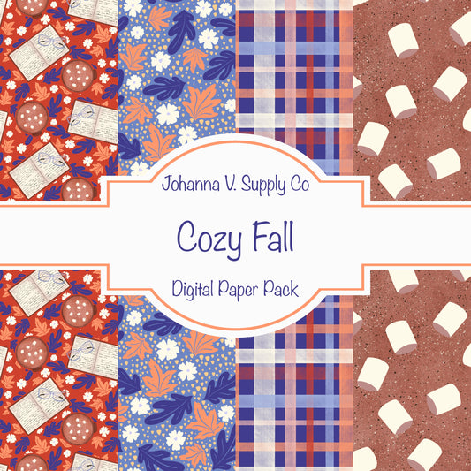 Fall Digital Paper Pack | Hot Cocoa, Books, Plaid & Botanicals | Cozy Autumn Scrapbook Backgrounds