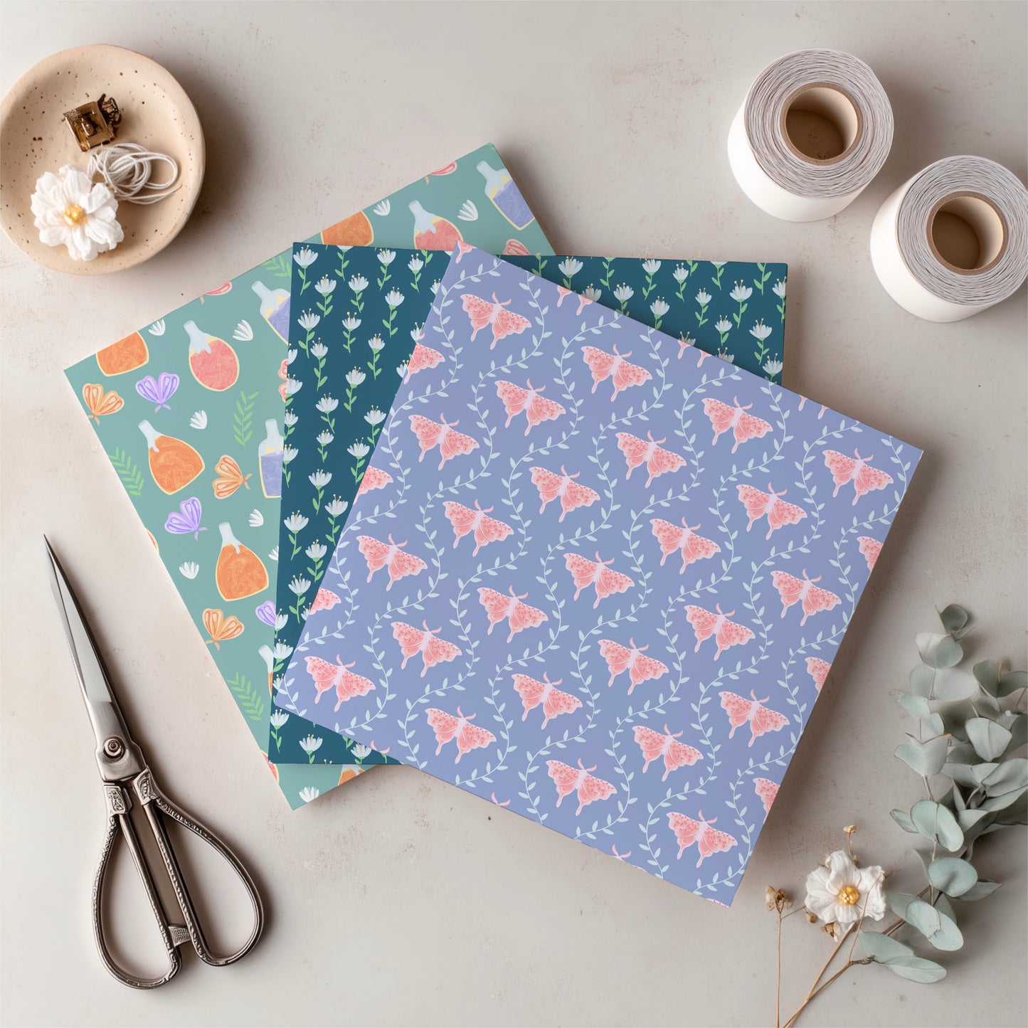 Enchanted Whimsy Digital Paper Pack | Moths, Potions & Botanicals | Magical Scrapbook Backgrounds