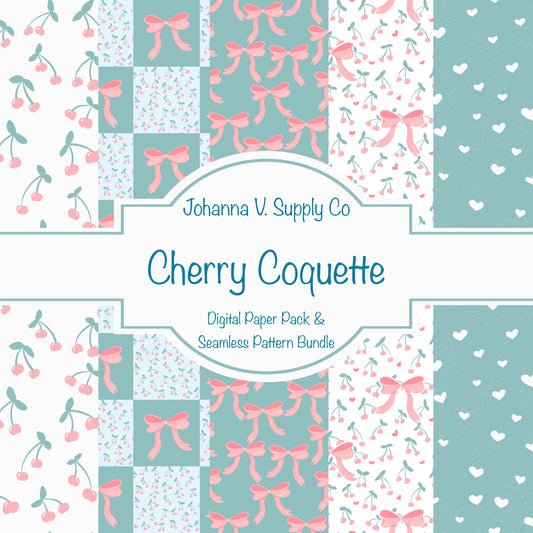 Coquette Digital Paper Pack & Seamless Pattern Bundle | Cherries, Bows & Hearts