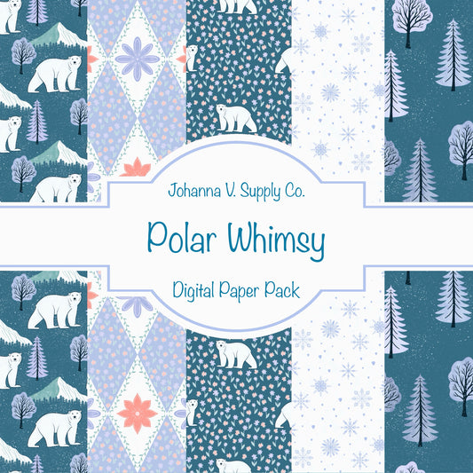 Whimsy Winter Digital Paper Pack Light | Polar Bears, Mountains, Trees & Florals