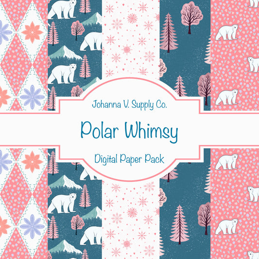 Whimsical Winter Seamless Pattern Bundle Pink | Polar Bears, Mountains, Trees & Florals | Cozy Winter Designs for Commercial Use