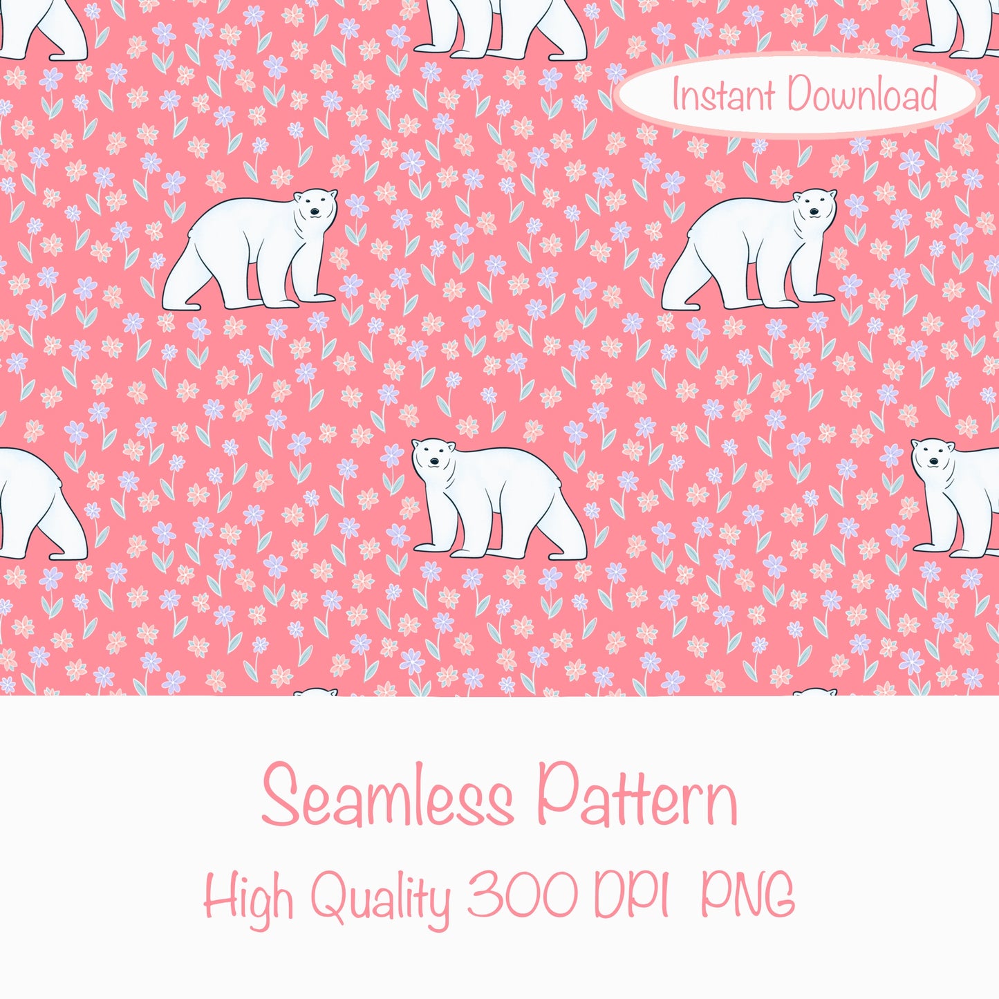 Polar Whimsy Seamless Pattern Pink | Polar Bears & Doodle Flowers | Cozy Winter Digital Design PNG 12x12” 300 DPI