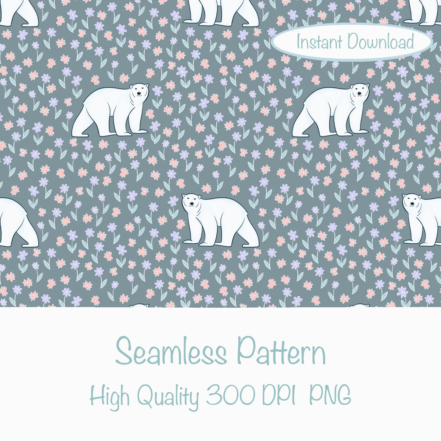 Polar Whimsy Seamless Pattern Grey | Polar Bears & Doodle Flowers | Cozy Winter Digital Design PNG 12x12” 300 DPI