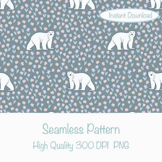 Polar Whimsy Seamless Pattern Grey | Polar Bears & Doodle Flowers | Cozy Winter Digital Design PNG 12x12” 300 DPI