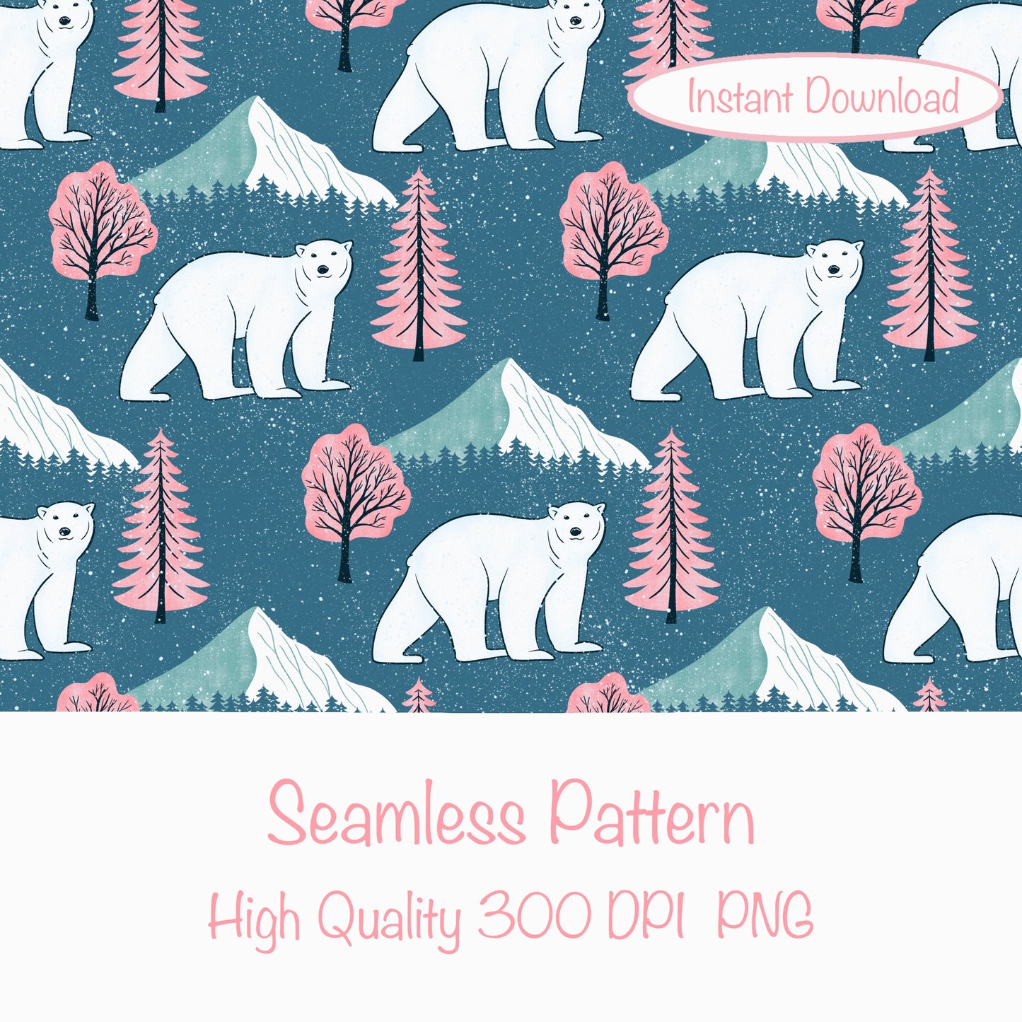 Polar Whimsy Polar Bears, Mountains & Forest Trees Seamless Pattern Pink | Cozy Winter Digital Design PNG 12x12” 300 DPI