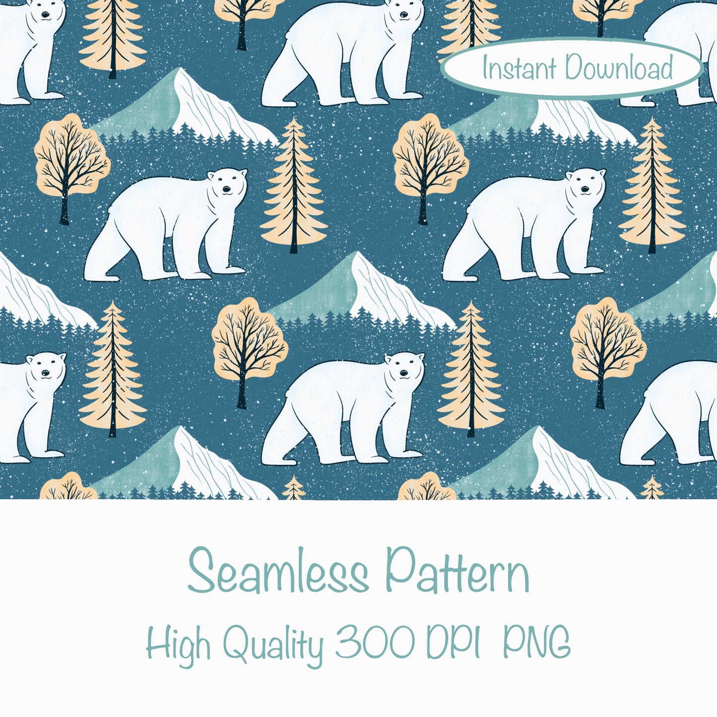 Polar Whimsy Polar Bears, Mountains & Forest Trees Seamless Pattern Gold | Cozy Winter Digital Design PNG 12x12” 300 DPI