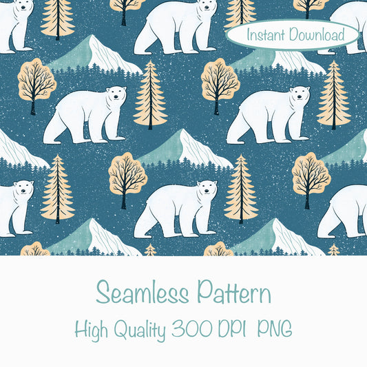 Polar Whimsy Polar Bears, Mountains & Forest Trees Seamless Pattern Gold | Cozy Winter Digital Design PNG 12x12” 300 DPI