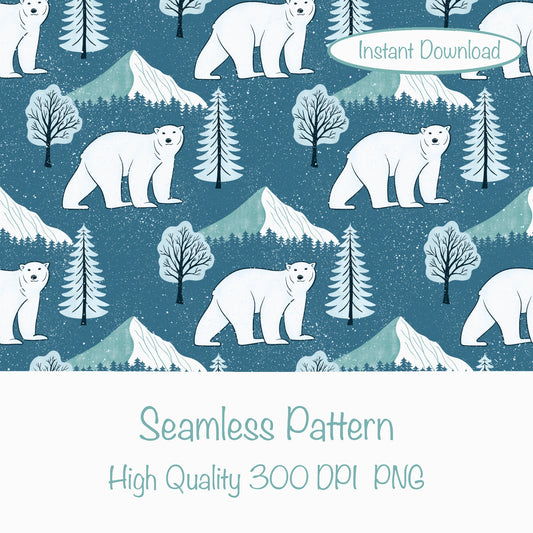 Polar Whimsy Polar Bears, Mountains & Forest Trees Seamless Pattern Blue | Cozy Winter Digital Design PNG 12x12” 300 DPI
